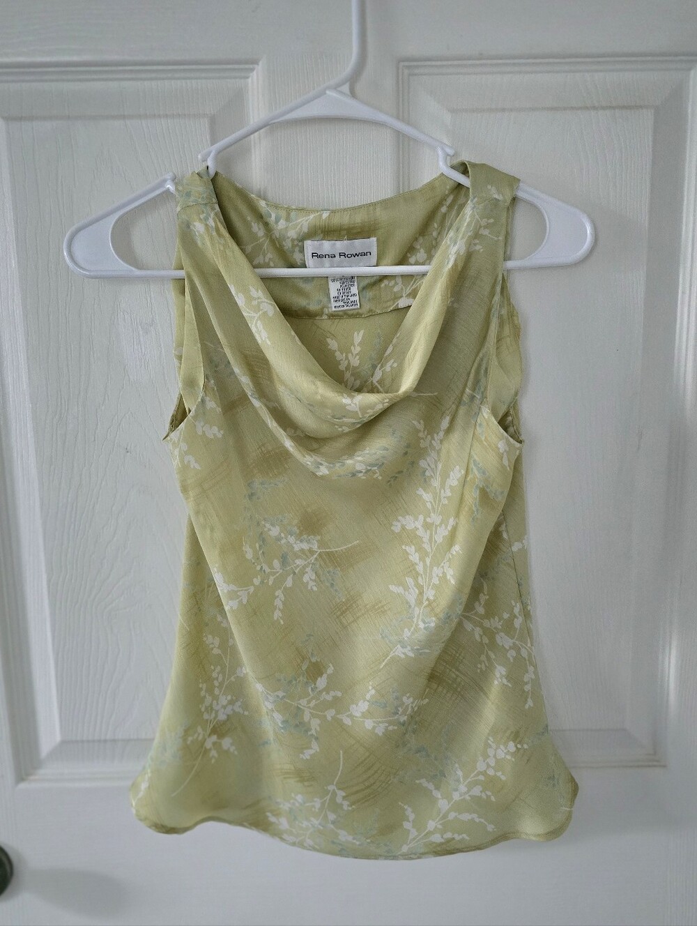 Rena Rowan green cowl-neck blouse with white floral print, size 6